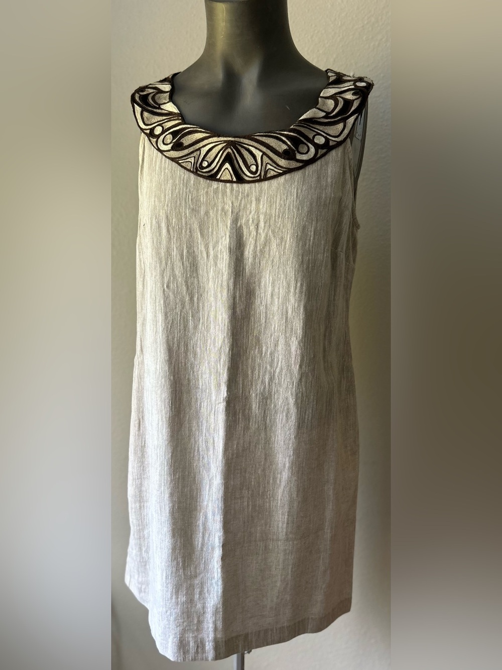 Linen Cotton Sleeveless Shift Dress; Oatmeal W/ Brown/Cream Embroidered Collar